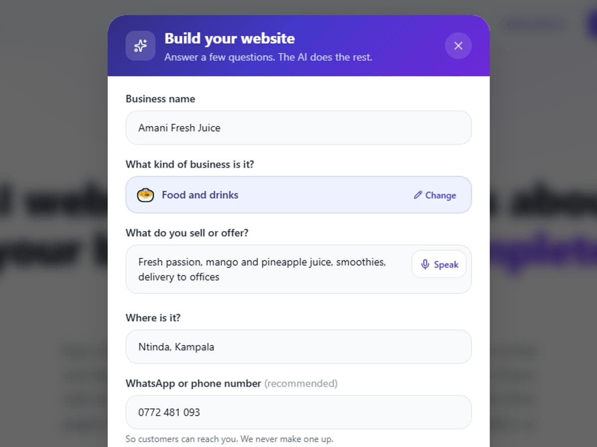 The AI builder's questions answered for a juice business: name, kind of business, what it sells, where it is and a WhatsApp number