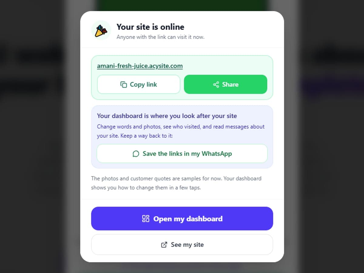 The success screen with the site's link, Copy link and Share buttons, and Open my dashboard