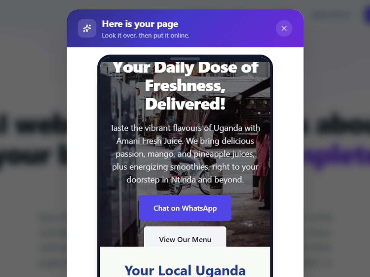 The finished page shown on a phone-shaped preview, with buttons to put it online or edit it first