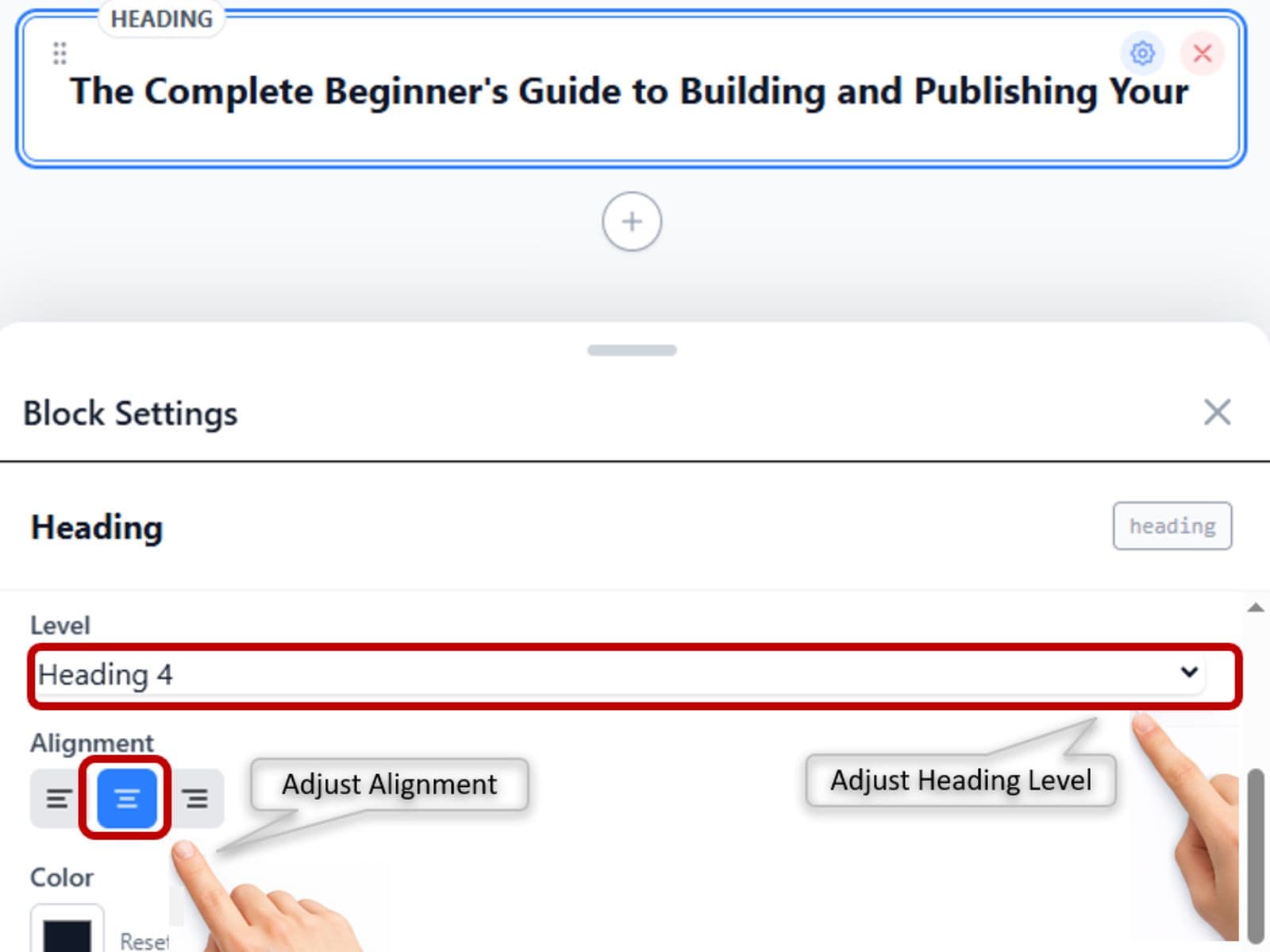 A block selected in the editor with the inspector panel open on the right showing settings