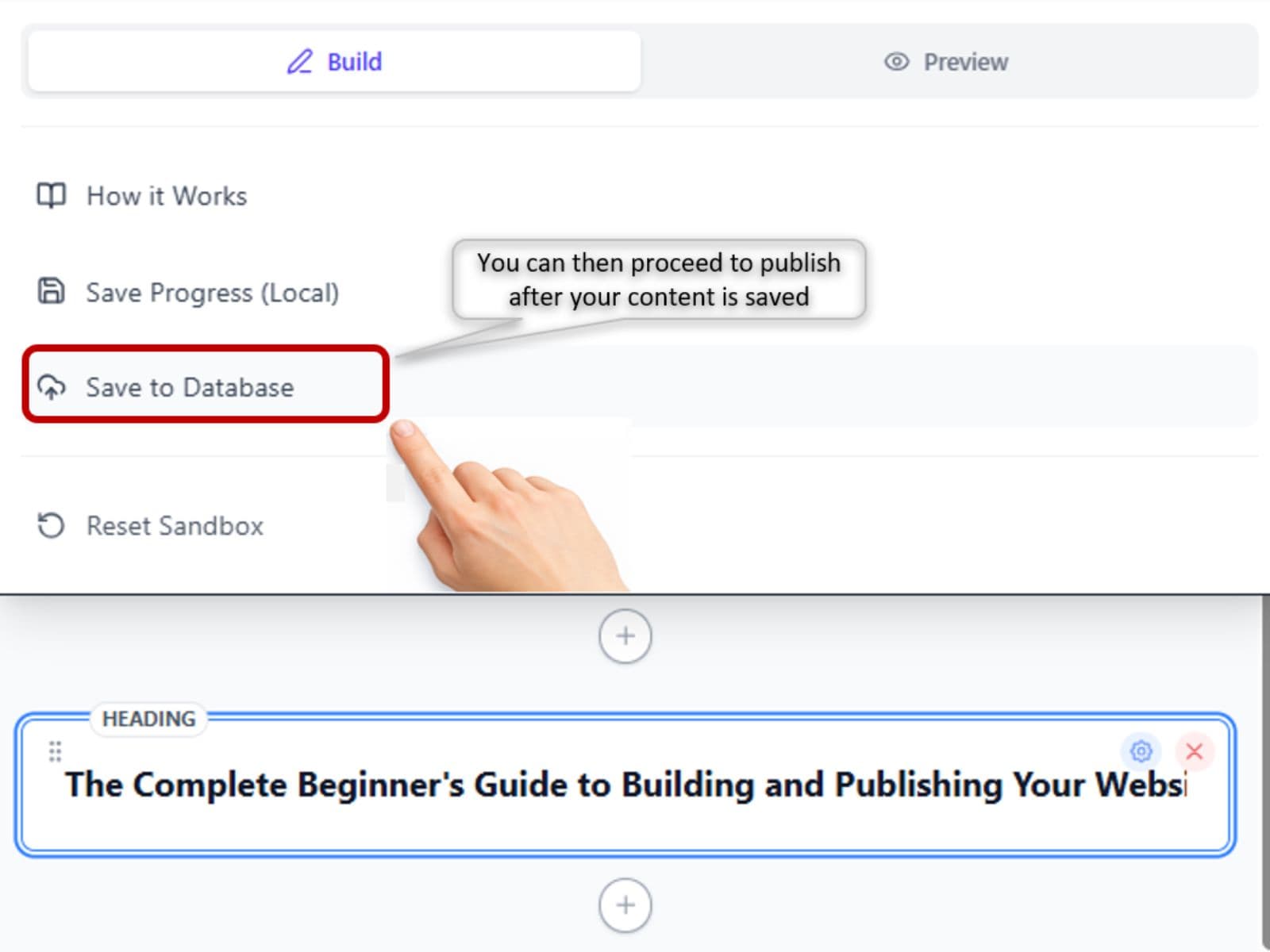 The sandbox preview mode showing a completed page in desktop layout