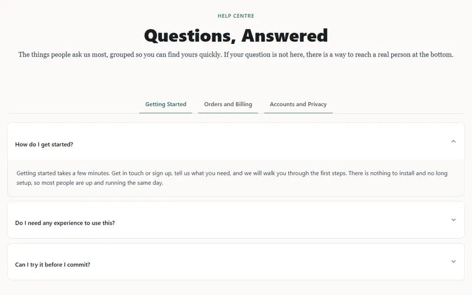 Preview of the FAQ, Help and Answers template