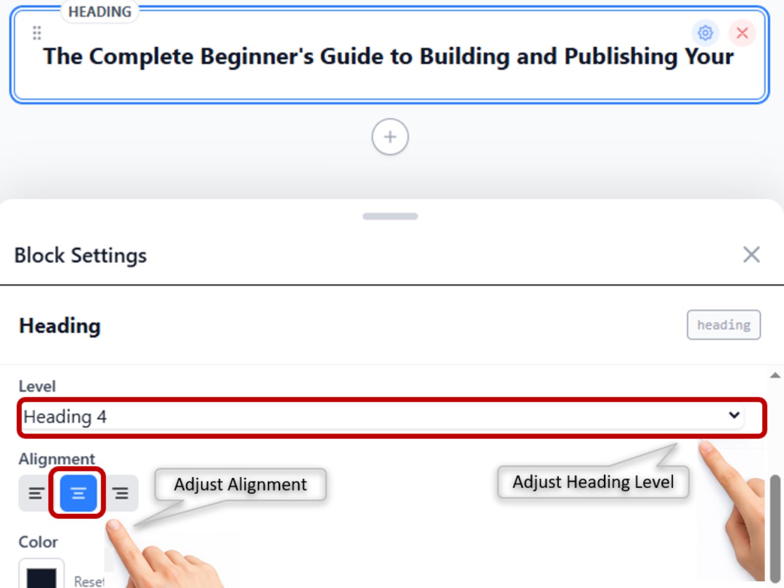 Editing a block using the inspector panel